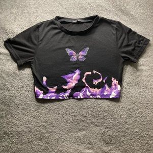 Women’s multi color butterfly with flames crop top, size S